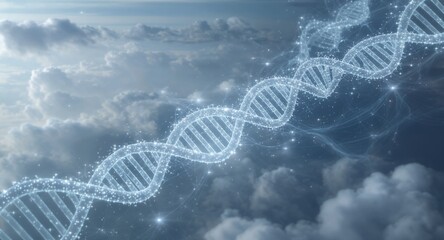 Glowing Abstract DNA Molecule Floating Above Clouds with Starry Connections