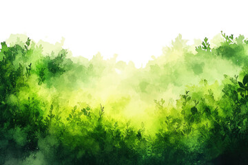 Fototapeta premium Verdant foliage watercolor illustration with sunny glow at the horizon