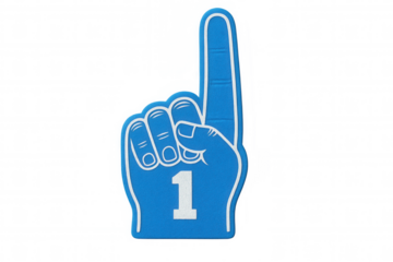 Blue foam finger featuring number one, symbolizing success, fandom, and championship. Transparent background