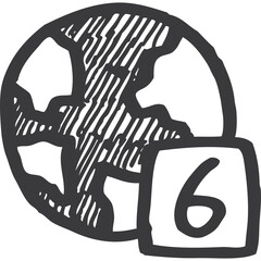 Hand Drawn Globe Icon With Number Six Inside Square Isolated on Transparent Background Simple Sketch Communication Concept