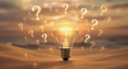 Glowing Incandescent Lightbulb Surrounded by Question Marks in a Desert Landscape at Sunset