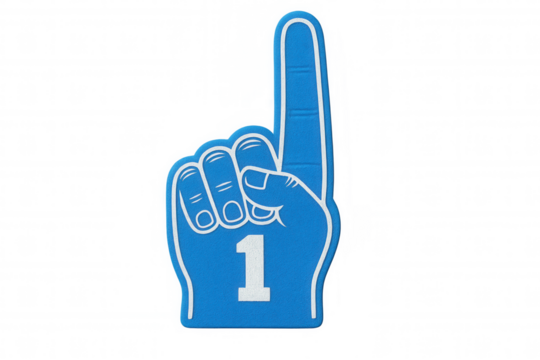 Blue foam finger featuring number one, symbolizing success, fandom, and championship. Transparent background