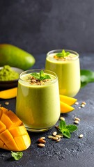 Two Green Smoothies Garnished with Mint and Seeds