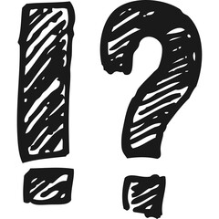 Hand Drawn Exclamation Mark and Question Mark Symbols with Black Ink Sketch Style Isolated on Transparent Background for Graphic Design Elements