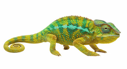 Naklejka premium chameleon isolated on white background, realistic artistic illustration showing colorful reptile with detailed scales symbolizing adaptation, camouflage, and nature