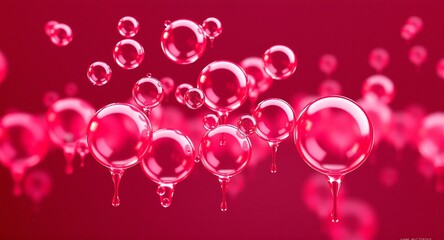 The image displays a cluster of glossy, fluid spheres floating against a deep red background. The spheres exhibit light reflections and droplet-like formations, hinting at a liquid origin.
