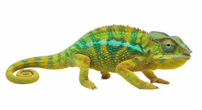 chameleon isolated on white background, realistic artistic illustration showing colorful reptile with detailed scales symbolizing adaptation, camouflage, and nature