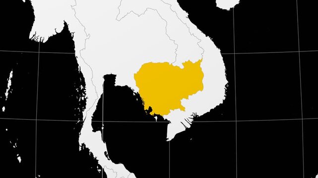 Cambodia map. Animated zoom into the country on the Globe in Black White color palette. Country logo animation. Map with meridians, parallels. Artistic video.