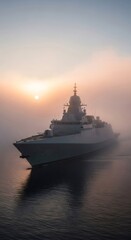 Naklejka premium Naval warship sailing through thick fog during a vivid sunset. Modern marine patrol vessel. Military defense during battle.