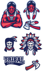 Collection of Native American Tribal Elements Vector Illustration Featuring Indian Chief Heads, Tomahawk, and Cultural Heritage Symbols