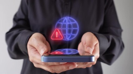 Warning sign in global connectivity. Businesswoman holding a smartphone with a virtual icon of a globe with a warning sign. - Powered by Adobe