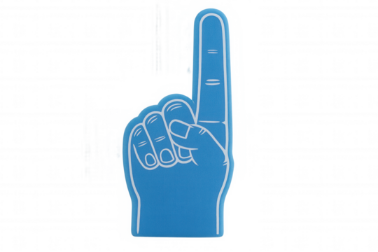 Foam finger showing number one gesture, cheering for sport victory and success on transparent background