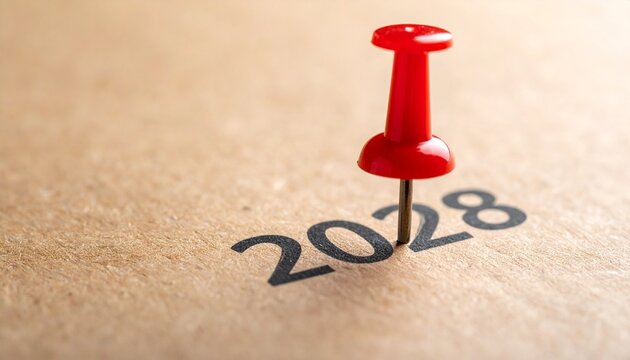 Pinning down the future The year 2028 is marked with a red pushpin on textured paper, symbolizing planning and anticipation