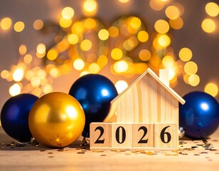 A festive New Year's setup for 2026, featuring a wooden house, balloons, and illuminated bokeh lights creating a warm, celebratory atmosphere of upcoming change and a hopeful outlook.