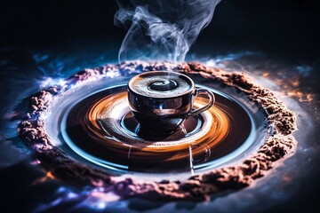 Coffee cup swirling steam galaxy rings cocoa dust space stars surreal fantasy background