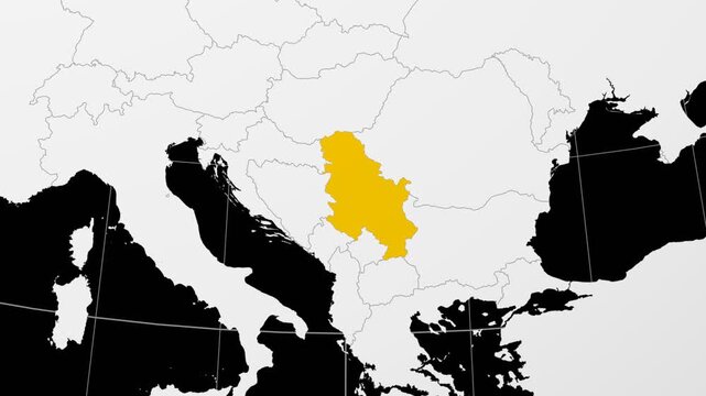 Serbia map. Animated zoom into the country on the Globe in Black White color palette. Country logo animation. Map with meridians, parallels. Vibrant video.