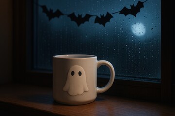 ceramic ghost mug on rainy windowsill with bat garland and moonlight