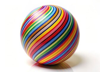 Obraz premium A colorful striped ball with bold geometric patterns sits atop a plain white background