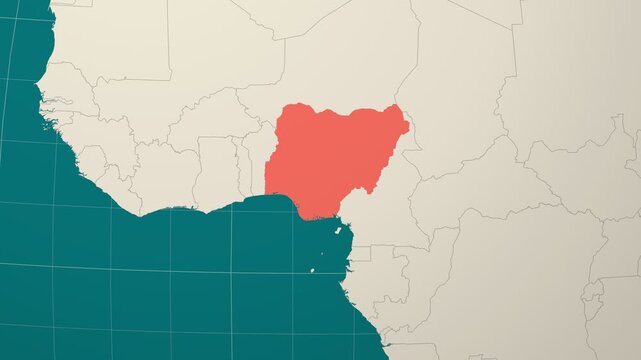 Nigeria map. Animated zoom into the country on the Globe in Teal Pale Mint color palette. Country logo animation. Map with meridians, parallels. Beautiful video.