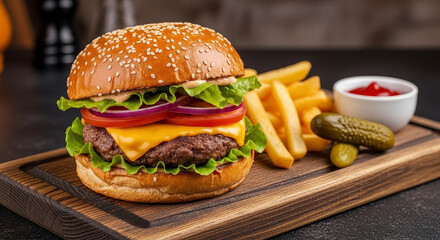 Delicious Cheeseburger with Crispy Fries and Pickles on a Wooden Board