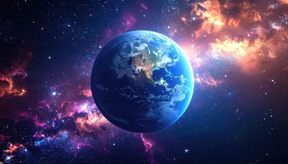 Pixelated Earth Globe Orbiting in a Vibrant Nebula Galaxy with Stars and Cosmic Dust