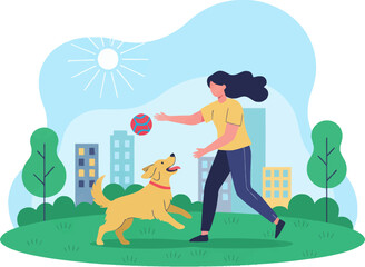 Woman plays fetch with dog in sunny city park. Energetic throw and jump under bright blue sky. Healthy lifestyle moment with owner and playful pup. Summer park fun with ball, trees, and skyline