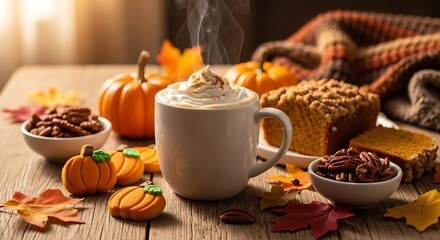 Steaming pumpkin spice latte with autumn treats on a rustic wooden table top