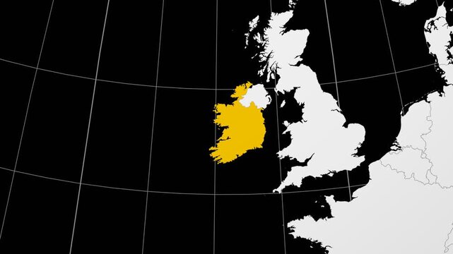 Ireland map. Animated zoom into the country on the Globe in Black White color palette. Country logo animation. Map with meridians, parallels. Vibrant video.