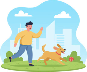 Fototapeta premium Urban park fetch with playful man and happy retriever. City skyline backdrop for energetic dog ball chase. Active lifestyle: owner running with pet in green space. Cheerful weekend fetch game