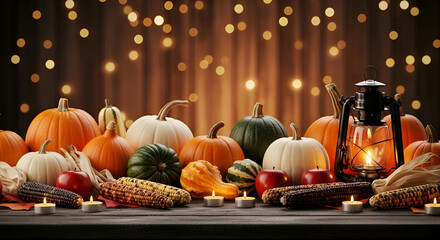 A cozy and rustic Thanksgiving composition with a variety of pumpkins, gourds, and corn arranged on a wooden table with glowing candles and a lantern against a blurred bokeh light background