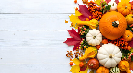 A unique and vibrant flat lay composition of a beautiful colorful autumn border with pumpkins, gourds, maple leaves and berries on a rustic white wooden background with ample copy space commercials 