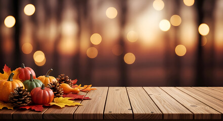 A cozy and rustic composition with a variety of colorful pumpkins, gourds, and autumn leaves on a wooden table with a beautiful blurred bokeh light background with copy space.
