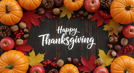 A unique and rustic top view flat lay composition of a beautiful Thanksgiving frame with pumpkins, autumn leaves, apples and nuts surrounding a happy thanksgiving text on a dark wooden background.
