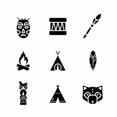 A collection of black silhouette icons depicting various symbols of tribal and indigenous life.