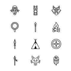 A set of twelve minimalist line icons representing Indigenous American cultural symbols like a teepee, totem pole, and campfire.