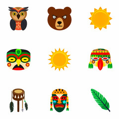 A collection of nine colorful flat icons representing indigenous cultural symbols, including masks, animals, a drum, and the sun.