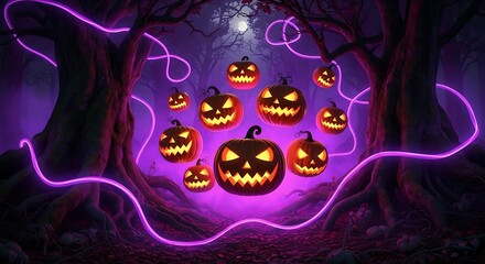 Spooky halloween pumpkins glowing in a dark forest with purple neon light trails