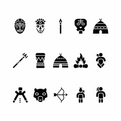 A set of black silhouette icons representing indigenous tribal life, culture, and ancient artifacts.