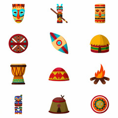 A collection of colorful, stylized illustrations depicting indigenous cultural artifacts including masks, totem poles, drums, shields, and traditional dwellings.
