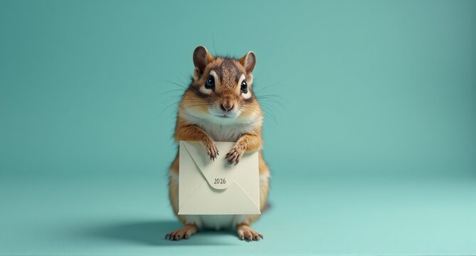 A cute rodent, possibly a chipmunk, holding an envelope against a turquoise background. The scene has a playful, lighthearted feel. The animal has a curious expression.