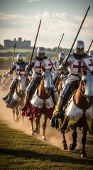 Group of knights in full armor riding horses on battlefield with castle in distance for historical battle reenactment.