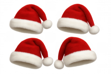 Four red and white santa claus hats for christmas and winter holiday celebrations on transparent background