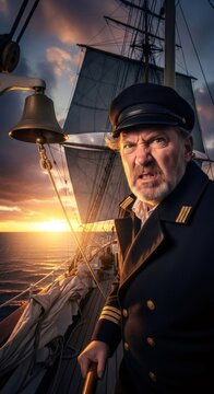 Angry man captain on sailing boat. Caucasian old mariner with beard and stern face during sunset. Vintage ship adventure.