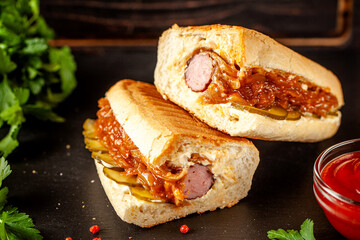 Grilled hot dog sandwich with caramelized onions and pickles