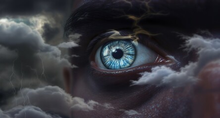 Mysterious Blue Eye Amidst Thunderstorm and Lightning, Dramatic Stormy Sky, Cosmic Vision