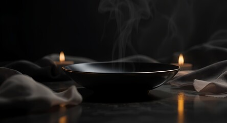 Mysterious Steaming Bowl with Candlelight and Flowing Fabric