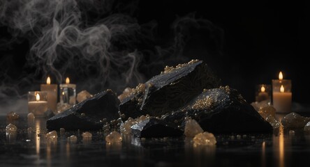Mystical Dark Rocks with Glowing Crystals and Ethereal Smoke