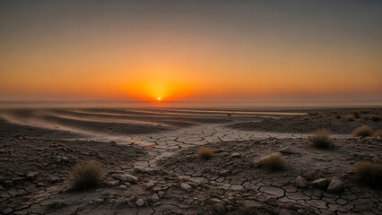 Obraz premium Orange Sunset Over Cracked Dry Earth Landscape at Dusk