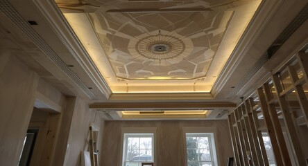Ornate Ceiling Design with Ambient Lighting During Interior Construction
