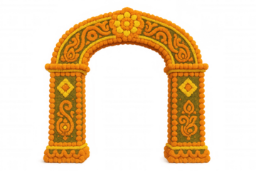 Indian marigold archway decorated with traditional floral rangoli designs, celebrating diwali or hindu festivals on a transparent background